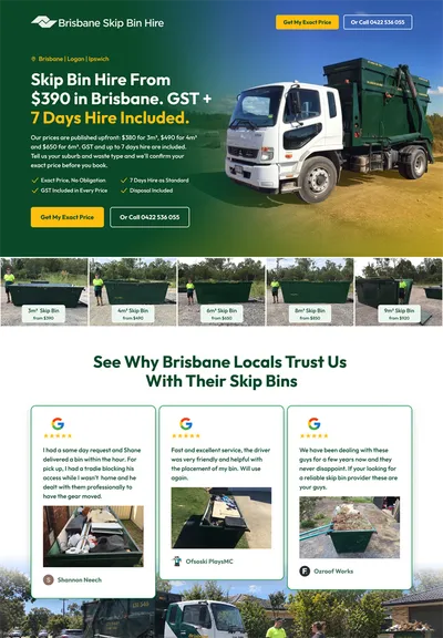 Landing page design example — skip bin hire offer