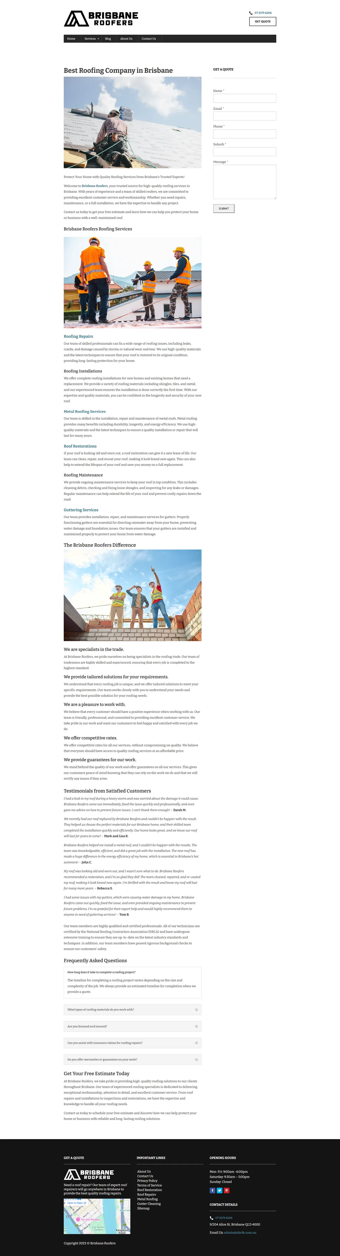Before: Brisbane Roofers' original, generic-looking landing page design