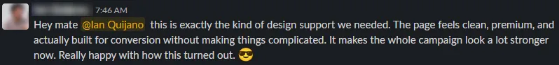 Screenshot of a client message sharing positive feedback about a landing page design