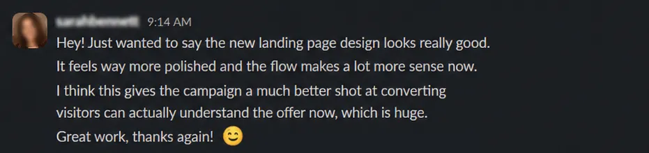 Screenshot of a client conversation praising the delivered landing page work