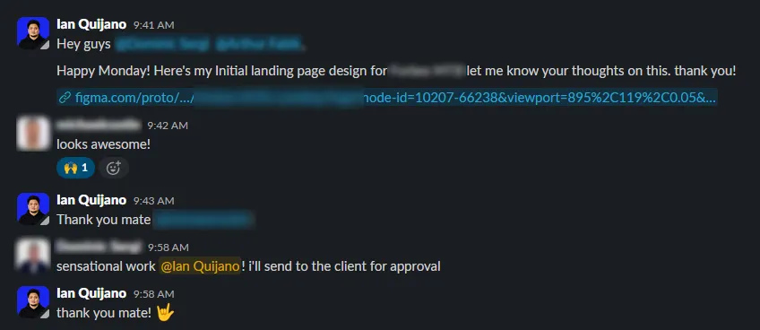 Screenshot of a chat thread with a client reacting positively to the design handoff