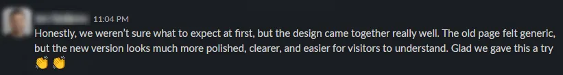 Screenshot of client feedback about landing page performance