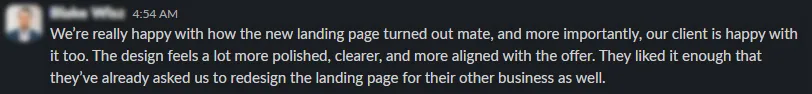 Screenshot of a client message recommending the design work